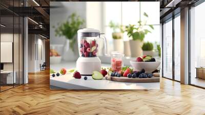 Ingredients for smoothie fresh fruits, berries and vegetables with modern automatically mixer or blender on white kitchen table for making smoothie and juice. healthy eating concept. Wall mural