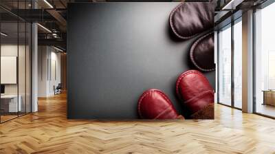 Leather home slippers on black background. Soft comfortable home slipper. Stay at home concepts. Wall mural