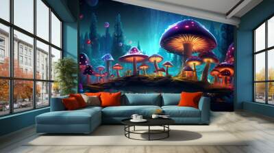 Magical fantasy mushrooms in enchanted fairy tale dreamy elf forest with fabulous fairytale blooming pink rose flower and butterfly on mysterious background, shiny glowing stars and moon rays in night Wall mural