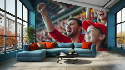 Members of extended family with kids cheering for their sports team while watching a game from stadium stands. Wall mural