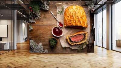 Perfect homemade juicy Beef Wellington, tenderloin dish on rustic wooden table, top view Wall mural