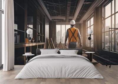 Renovation building or apartment. Back view of construction worker in safety hard hat looks at window after installing it in new apartment in new building. Construction site, industrial job. Wall mural