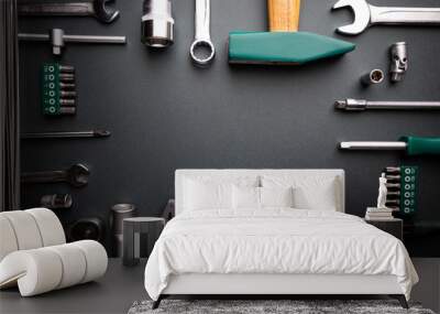 Set of tools over black background, top view with space for text Wall mural