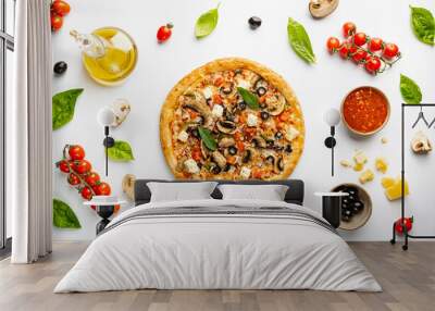 tasty vegetable pizza and cooking ingredients tomatoes and basil on white background. top view Wall mural