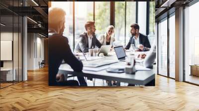 Teamwork, meeting and business people in discussion at the table in modern office for brainstorming and planning. group of corporate employees working on project together in workplace boardroom Wall mural