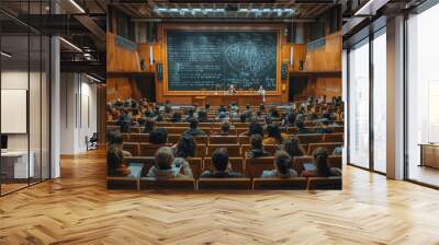 University Lecture Hall with Students and Professors, Students attentively listening to professors in a university lecture hall with a complex chalkboard diagram in the background. Wall mural