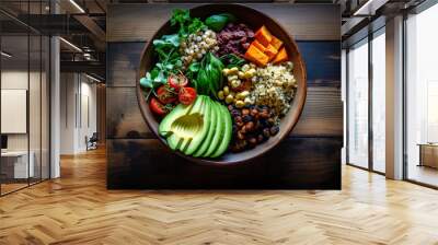 Vegan Buddha or poke bowl salad with vegetables and seeds on wooden background Wall mural