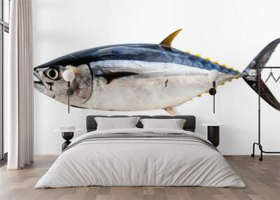 Whole Yellowfin Tuna Fish Isolated on White, A whole Yellowfin tuna, notable for its yellow tail and sleek body, displayed in profile isolated against a white background. Wall mural