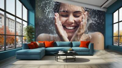 Woman washing her clean face with water. Closeup face of an Young girl washing face with water and foam. Skin care hygiene procedure. Wall mural