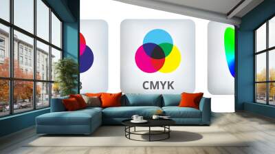 Vector icons in buttons with cmyk, rgb, and lab or cielab colors isolated on a white background. Additive and subtractive color mixing. Device-dependent color spaces and device-independent color space Wall mural