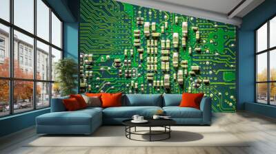 Close-up board with micro chips from an electrical appliance or computer. Concept of modern technology. Concept of electronics and microchips. SMD capacitors and resistors on green PCB. Wall mural