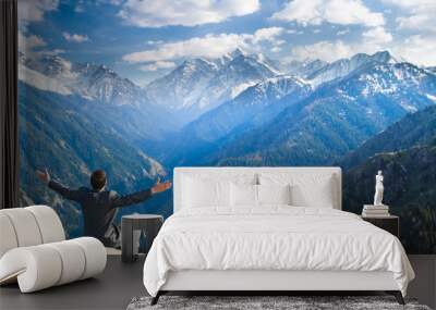 businessman at the top of the mountain is pleased Wall mural