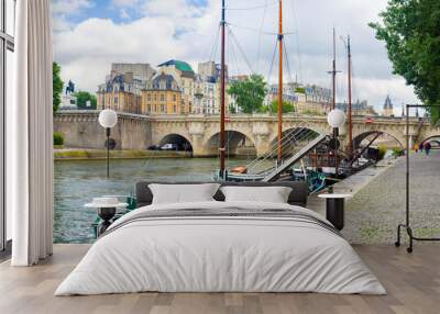 The boats with masts of the Seine, Paris Wall mural