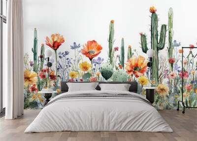 A vibrant display of cacti and desert wildflowers, showcasing beautiful blend of colors and textures in minimalistic style. This artwork captures essence of desert landscape filled with life and beaut Wall mural