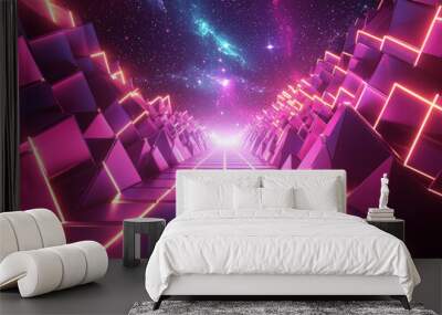 A vibrant retro 80s style neon grid background with geometric shapes creates mesmerizing pathway leading into cosmic space filled with stars and galaxies Wall mural