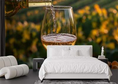 A wine bottle is pouring white wine into glass, surrounded by lush vineyards and ripe grapes. scene captures essence of fermentation and beauty of nature Wall mural