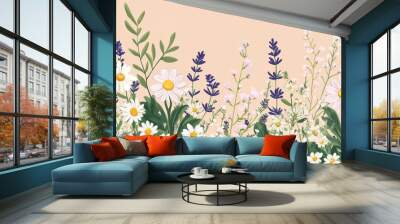 Blooming chamomile and lavender create vibrant herbal decoration, showcasing beautiful border of flowers. This illustration captures essence of natures beauty and tranquility Wall mural