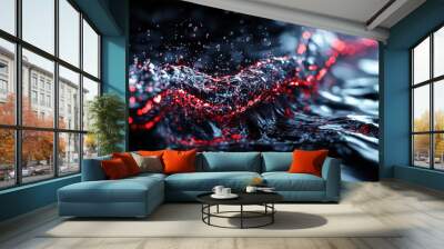 Dynamic water droplets create mesmerizing scene with vibrant red highlights against dark background, showcasing beauty of liquid motion and light Wall mural