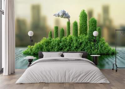 Green cityscape with plants and smoke representing carbon capture technology, showcasing balance between nature and urban development Wall mural