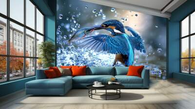 kingfisher emerging from water with fish, surrounded by splashes and droplets, showcases beauty of nature and thrill of hunt. vibrant colors and dynamic movement capture moment of excitement Wall mural