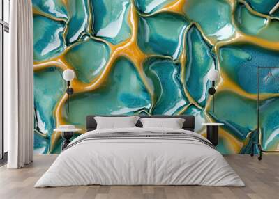 Textured surface with vibrant turquoise and orange colors, resembling abstract art or fluid design. glossy finish creates captivating visual effect, evoking sense of creativity and modernity Wall mural