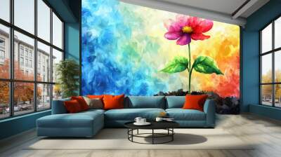 vibrant flower stands tall against colorful background, symbolizing resilience and beauty. contrasting colors evoke sense of joy and hope Wall mural