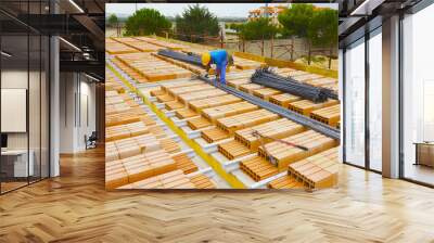 Worker engaged in the construction of a slab and masonry Wall mural