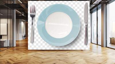 Empty plate in blue design with knife and fork isolated on transparent background. View from above. Vector illustration. Wall mural