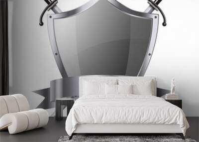 Metallic glittering shield and two swords with ribbon isolated Wall mural