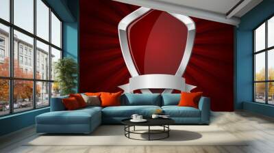 Red glossy shield on rays background Wall mural