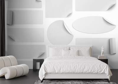 set of white paper stickers of different shapes with curled corners isolated on white background. ro Wall mural