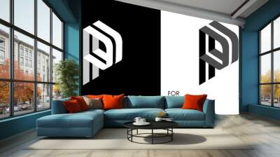 Isometric letter P. From stripes, lines. Template for creating logos, emblems, monograms. Black and white options. 3D art symbol. Vector Wall mural