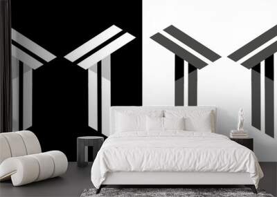 Isometric letter T in two perspectives. From stripes, lines. Template for creating logos, emblems, monograms. Black and white options. 3D art symbol. Vector illustration. Other letters in my portfolio Wall mural