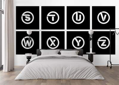 Set 3 of templates, capital letters inscribed in a circle of wide white bands with an overlay of shadows. To create emblems, monograms, logos. Wall mural