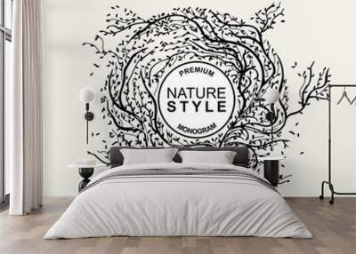 Stylish nature monochrome template labels, monogram, logo, emblem. Branches of trees braided into a circle. Wall mural