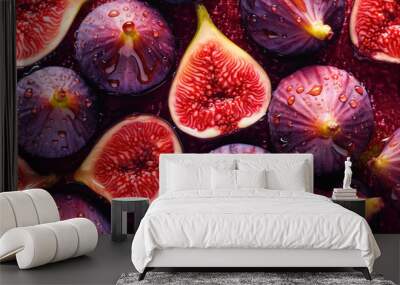 Background of freshly picked and cleaned figs with drops of water, fresh fruit. Generative IA Wall mural