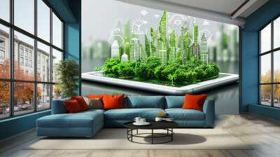 Sustainable city on a touchscreen digital tablet with icons set about architecture and environmental care Wall mural