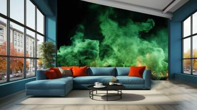 Abstract green smoke on black background. cloud, a soft Smoke cloudy wave texture background. Wall mural