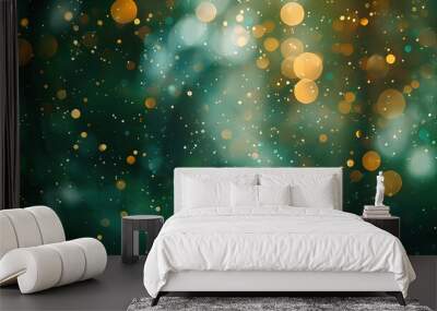 Blurred green background with lights and decorations with bokeh and glitter. Wall mural