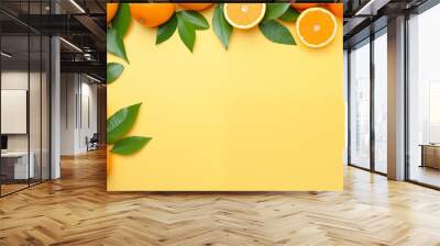 Oranges are placed on a pastel yellow background and decorated with orange leaves. Wall mural