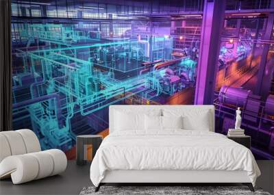  A virtual model of a smart factory, mirroring real-time operations of the physical factory, optimizing performance and maintenance through the digital twin concept  Wall mural