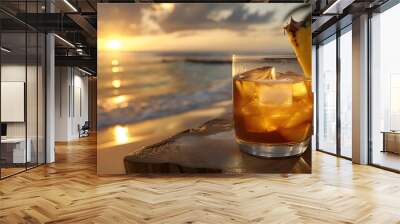 A chilled glass of mezcal cocktail with a smoky aroma, garnished with a slice of grilled pineapple, on a beachside table at sunset Wall mural