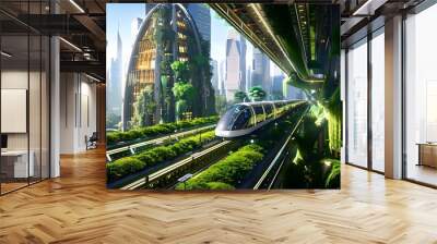 A futuristic smart city design, featuring green infrastructure, efficient public transportation, and buildings optimized for energy efficiency, showcasing a sustainable urban future Wall mural