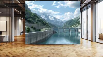 A high-tech pumped-storage facility, with two reservoirs at different elevations connected by pipelines, as water is pumped up or flows down to generate electricity, framed by a mountainous landscape Wall mural