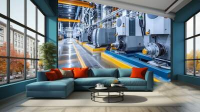 A large industrial facility with machines controlled by variable frequency drives, demonstrating precise energy management with dynamic visuals of power usage and efficiency Wall mural