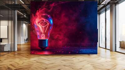 A light bulb is lit up and surrounded by a cloud of glitter. Concept of creativity and inspiration, as the light bulb represents an idea or a spark of innovation. The glitter adds a touch of magic Wall mural