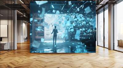 A man is standing in a room with a lot of paper flying around him. The scene is chaotic and disorganized, with the papers scattered everywhere. The man is trying to make sense of the mess Wall mural