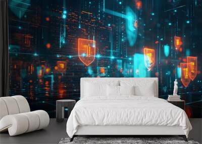 A secure, digital fortress protecting data across integrated systems, with layers of glowing data shields ensuring quality, security, and compliance in a unified system Wall mural