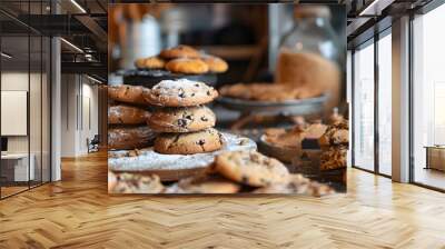 A table full of baked goods including cookies, muffins, and cupcakes. The cookies are piled high on a plate, and the muffins and cupcakes are spread out on a tray Wall mural