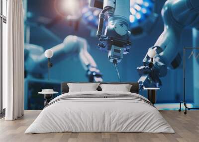 Robotic arms are performing a surgery in a hospital. The scene is bright and sterile, with the robots' white color dominating the image. Scene is serious and focused Wall mural